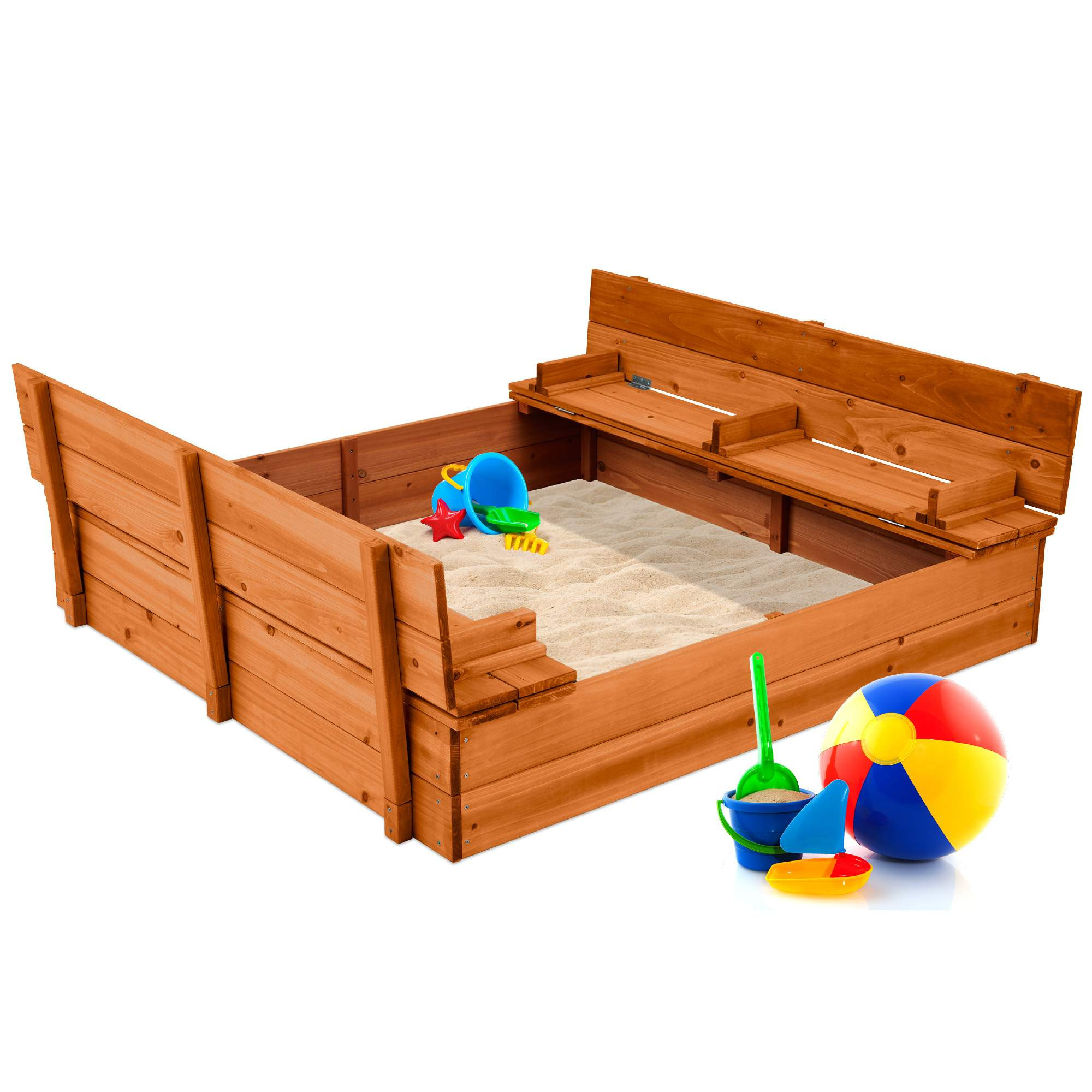 Best Choice Products Large Outdoor Wooden Sandbox for Kids with Cover and Bench Seats Support up to 220 lbs - Brown | SKY2609 | Lowe's
