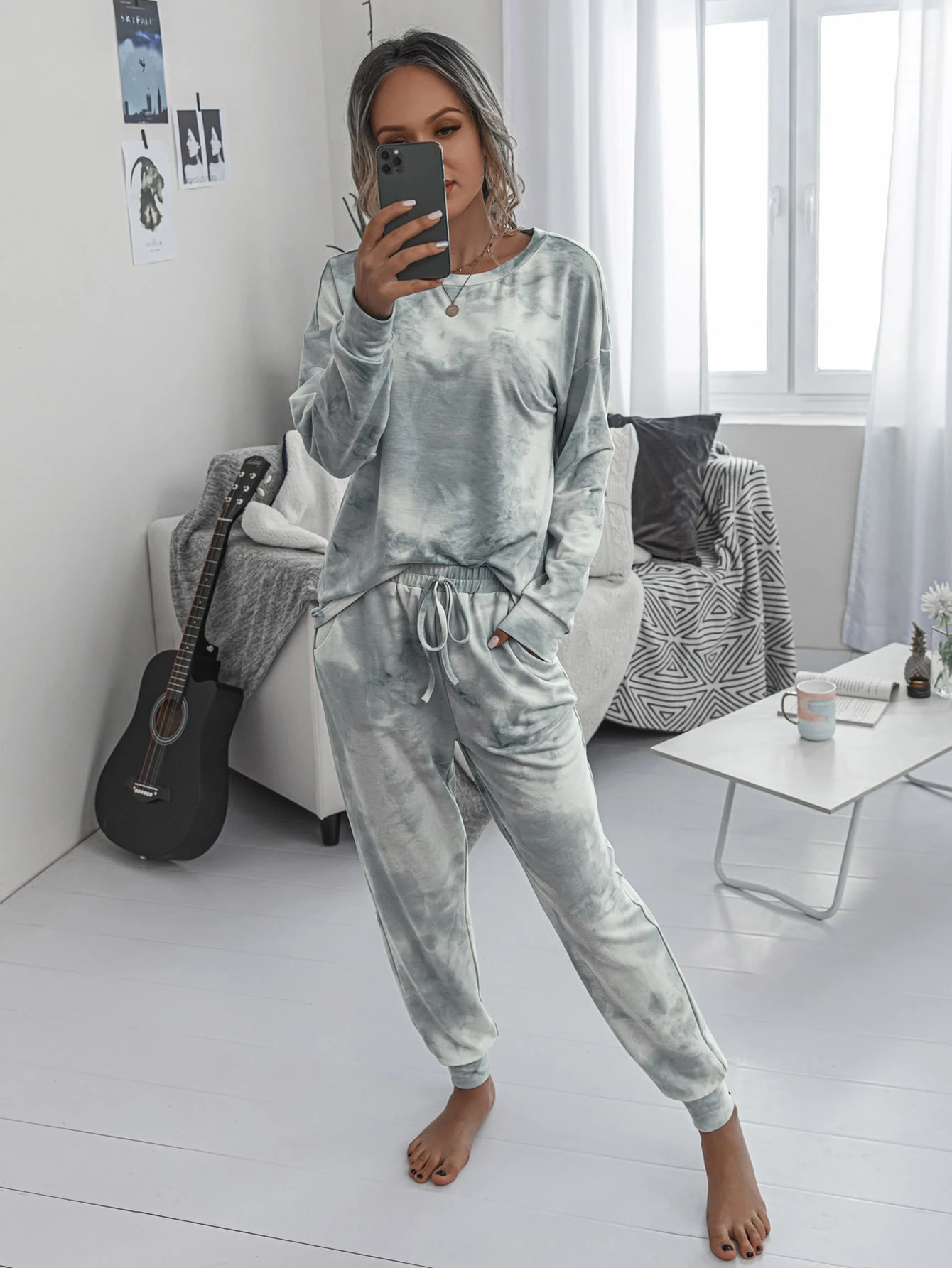 Tie Dye Drop Shoulder Top With Knot Sweatpants | SHEIN