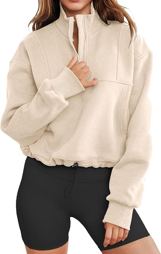 LEEDYA Women's 1/4 Zip Pullover V Neck Long Sleeve Cropped Sweatshirt Lightweight Color Block Top | Amazon (US)