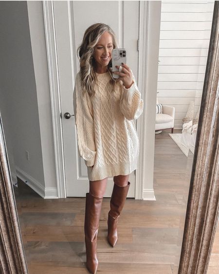 Amazon fashion amazon finds sweater dress size small fall fashion fall finds brown knee high leather boots 

#LTKunder50 #LTKSeasonal
