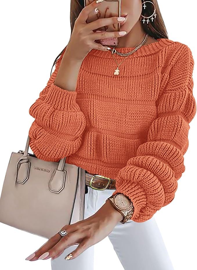 KIRUNDO Womens Fashion Fall Sweaters 2023 Casual Puff Sleeve Crew Neck Loose Chunky Knit Pullover... | Amazon (US)