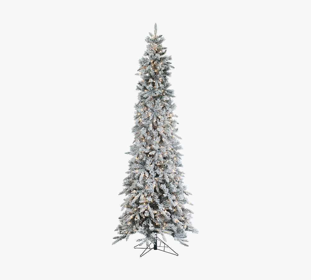 Lit Flocked Pencil Pine Faux Christmas Trees | Pottery Barn (US)
