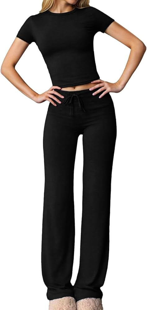 Summer Outfits For Women 2 Piece Set Casual Travel Outfits Short Sleeve Crop Tops Wide Leg Pants ... | Amazon (US)