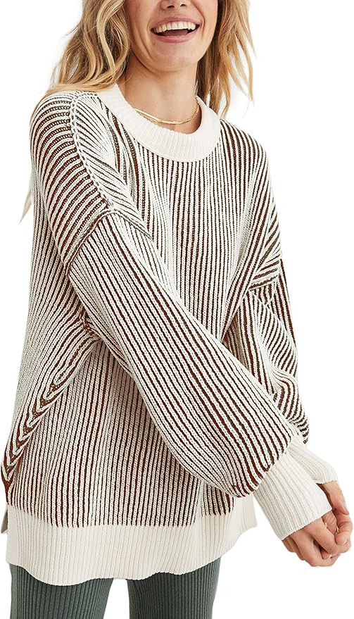 Beyond Chenille Sweater for Women 2025 Winter Crew Neck Pullover Sweater Color Block Knit Tops | Amazon (US)