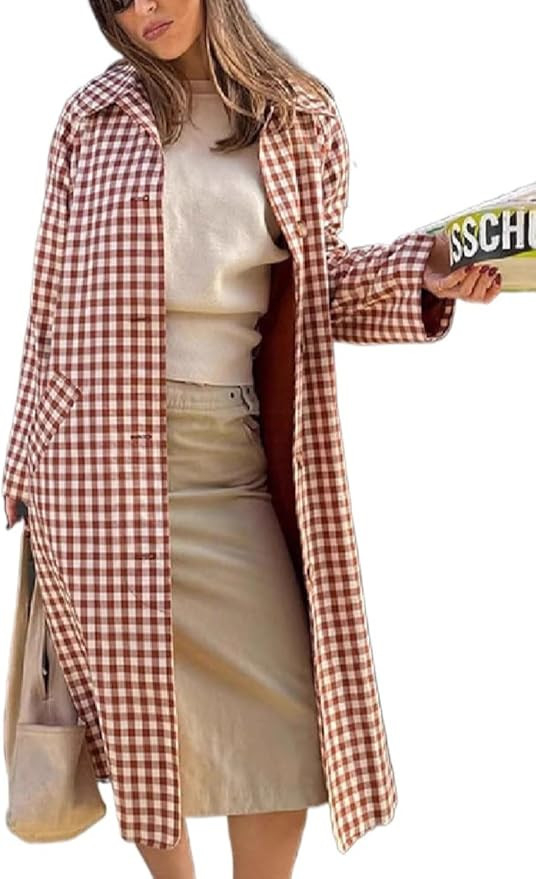 Women's Red Plaid Long Trench Coat Casual Lapel Single Breasted Full Sleeve Windbreaker Jacket Au... | Amazon (US)