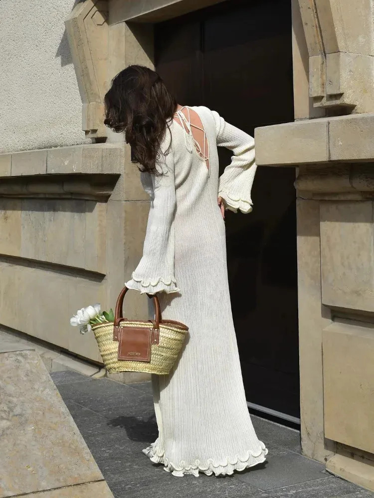 Fashion Solid Ruffles Pleated Loose Long Dress Women Elegant Round Neck Flare Long Sleeves Maxi D... | DHGate