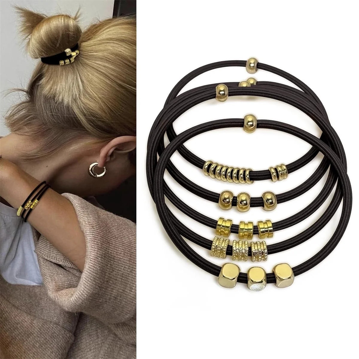 Gold Beaded Hair Ties Bracelet,Tutuviw Fancy Ponytail Holders Hair Tie Hair Band Bracelet with Metal Beads,Pretty No-Damage Ponytail Holder Elastic Hair Bands Hair Accessories for Women Girls(Black) - Walmart.com | Walmart (US)