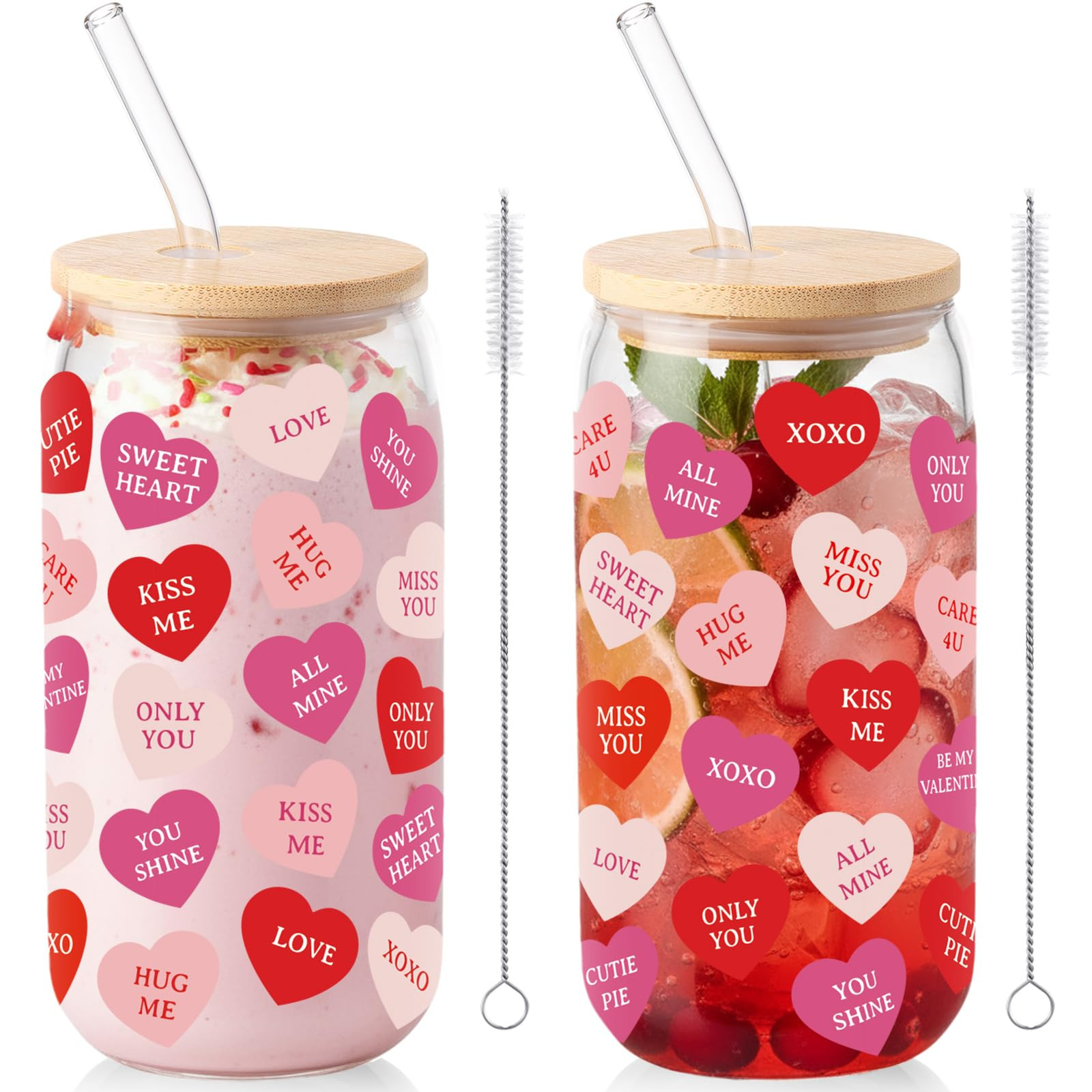 Sliner 2 Pcs Valentine's Day Heart Glass Cups Drinking Glasses Tumbler 16 oz Iced Coffee Cup with... | Amazon (US)