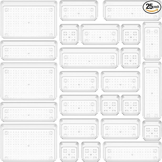 25 PCS Clear Plastic Drawer Organizer Set, Non-Slip/Crack Bathroom Vanity Drawer Organizer Trays ... | Amazon (US)