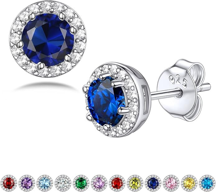 Bestyle Sparkling 925 Sterling Silver Birthstone Stud Earrings for Women, Heart/Round/Teardrop/Sq... | Amazon (US)
