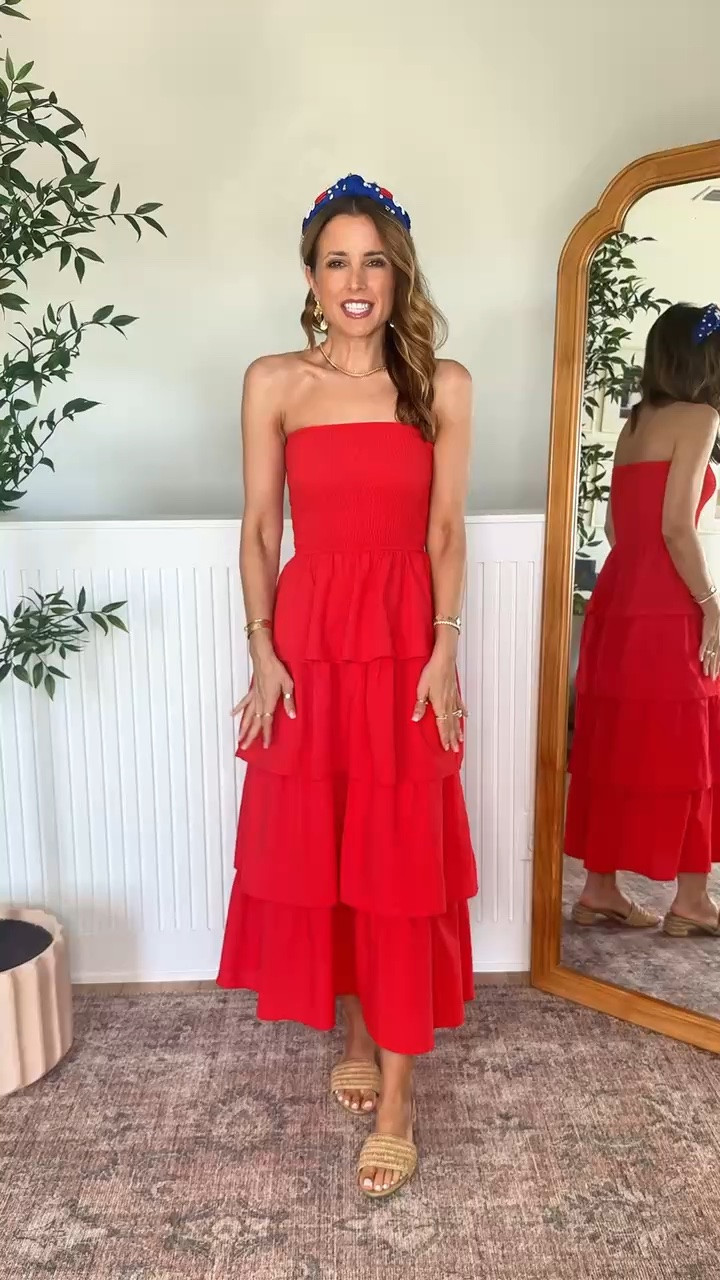 The prettiest Amazon tiered dress for the 4th of July! Wearing XS. Memorial day weekend. Barbecue outfit. Summer outfit. Summer dress. Swimsuit coverup. Vacation dress. Vacation outfit. Amazon USA headband. Target slides are TTS.

#LTKootd #LTKTravel #LTKSwim
