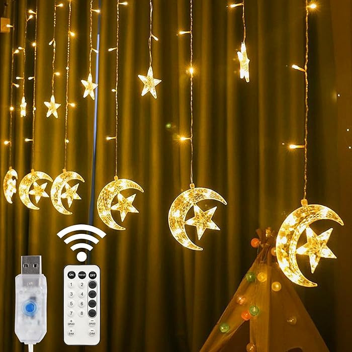 LJLNION Star Moon Curtain String Lights 138 LED, Window Curtain Lights, USB Plug with Remote Cont... | Amazon (US)