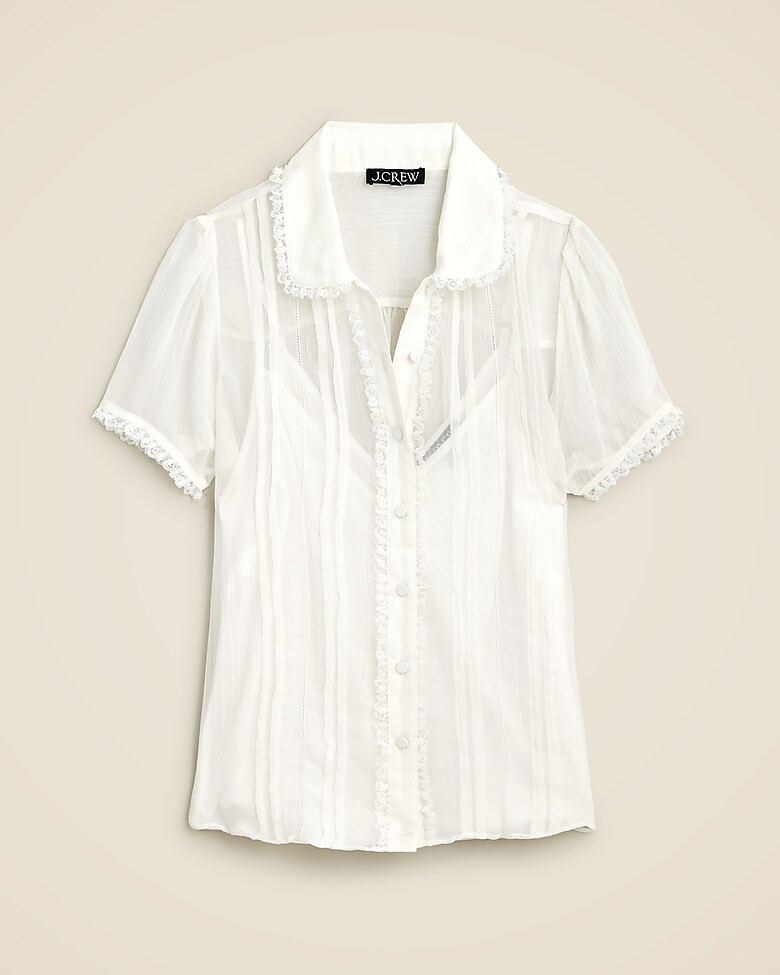 Sheer lace-trim button-up shirt | J. Crew US
