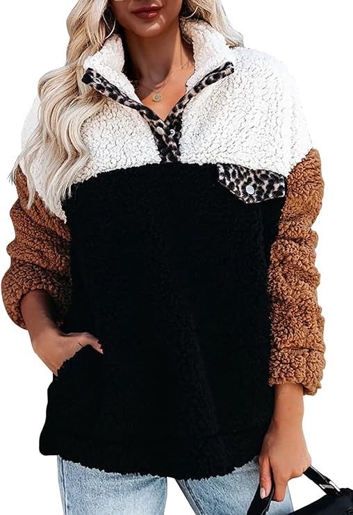 Ermonn Womens Sherpa Fuzzy Fleece Sweatshirt Oversized Contrast Color Button Cozy Pockets Pullove... | Amazon (US)