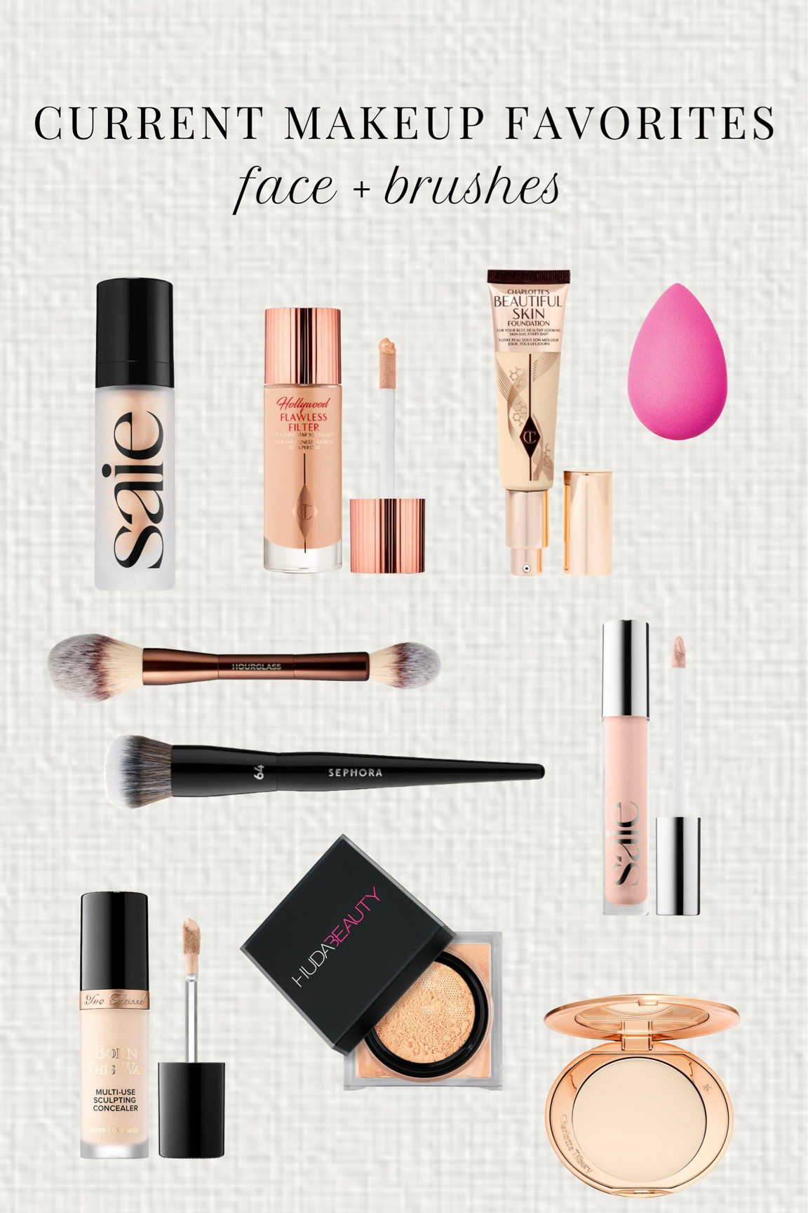 Shades:
- Charlotte Tilbury Beautiful Skin Liquid Foundation, 2 Neutral 
- Flawless Filter, 2 Fair
- Saie Glowy Super Gel Lightweight Dewy Highlighter, Sunglow
- Saie Concealer, HB ONE
- Born This Way Concealer, Swan
- Huda Beauty Loose Baking and Setting Powder, Banana Bread
- Charlotte flawless finish setting powder, 1 Fair


#LTKbeauty