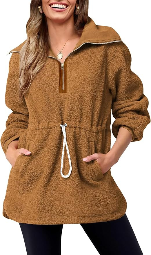 Fisoew Womens Sherpa Fleece Sweatshirt Fuzzy Long Sleeve Half Zip Pullover Drawstring Waist Winte... | Amazon (US)