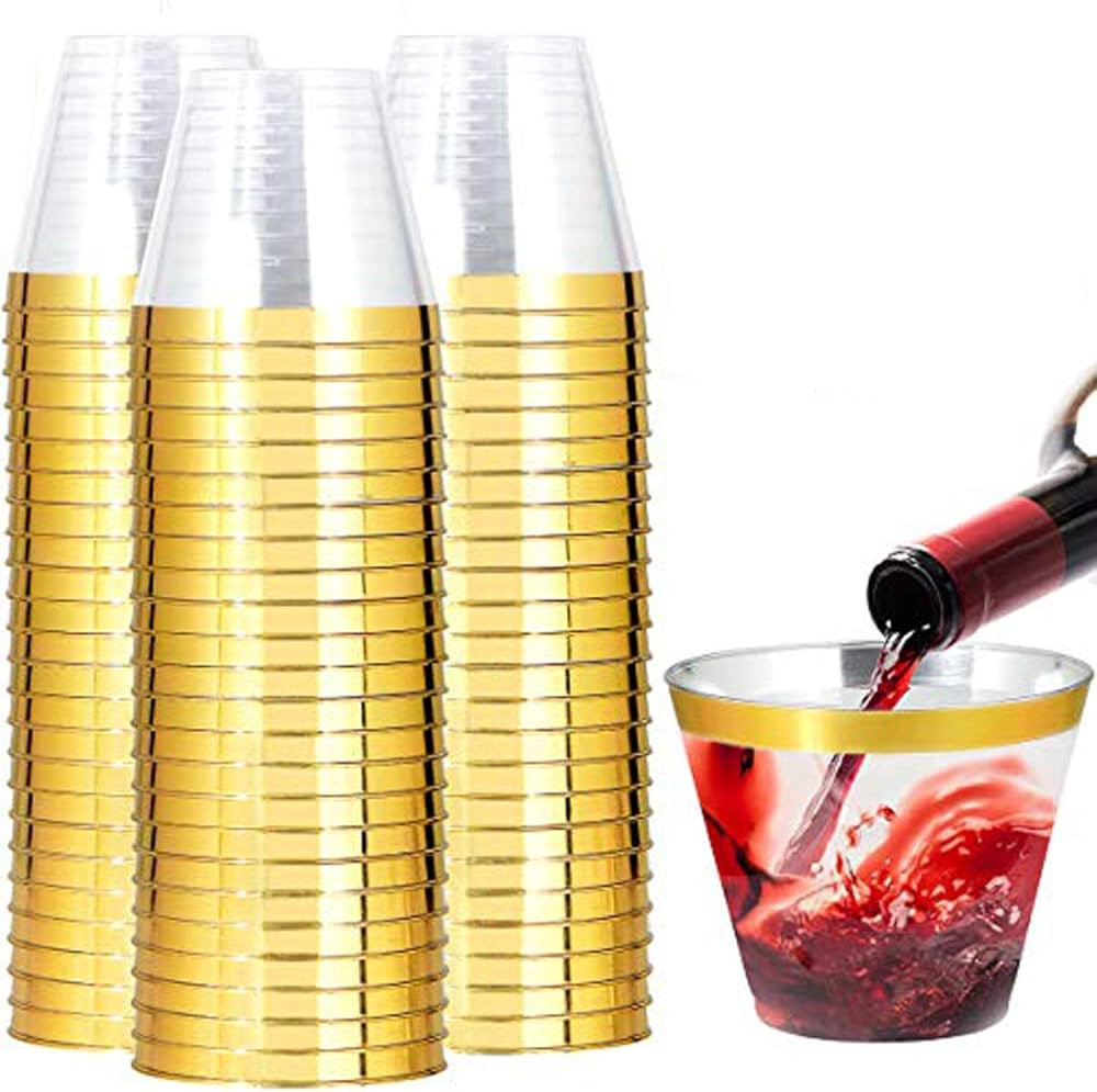 I00000 200 Pack Gold Plastic Cups, 9 Oz Elegant Clear Plastic Cups Gold Rimmed Disposable Wine Gl... | Amazon (US)