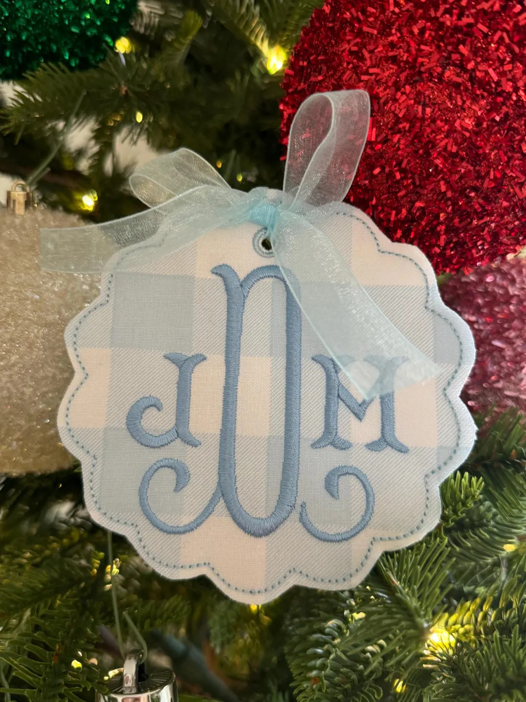 Embroidered Monogram Gingham Christmas Ornament Personalized Baby Boy - Etsy | Etsy (US)