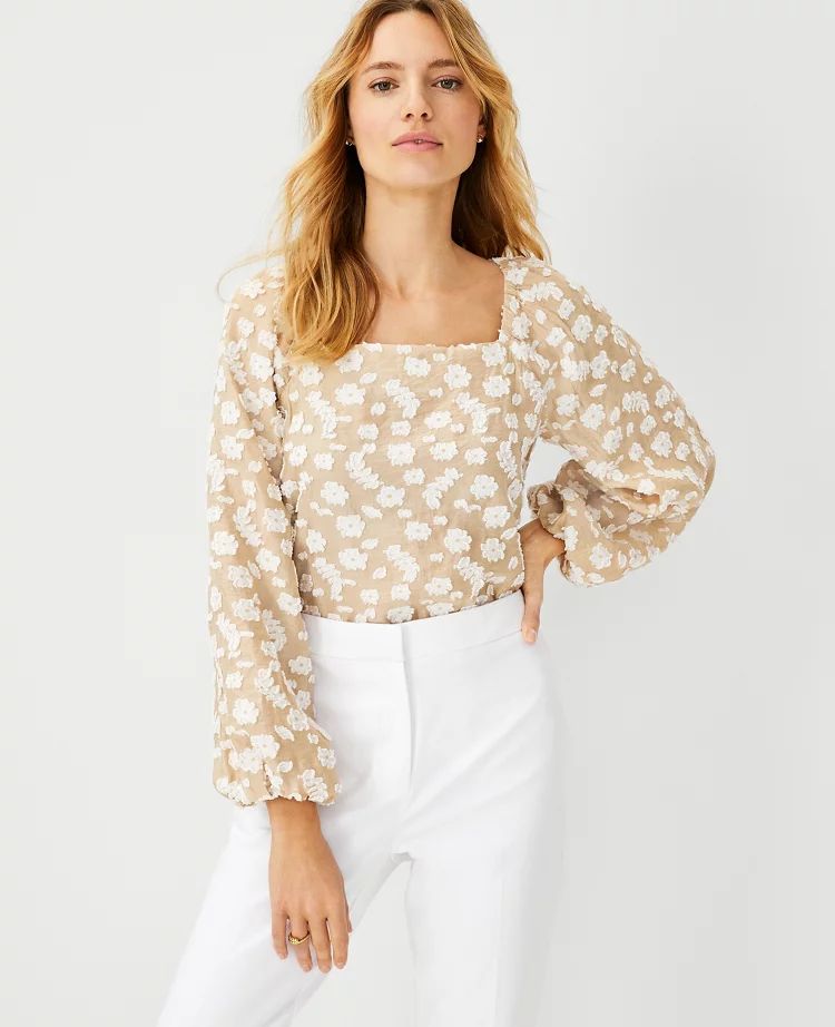 Floral Clip Square Neck Puff Sleeve Top | Ann Taylor (US)