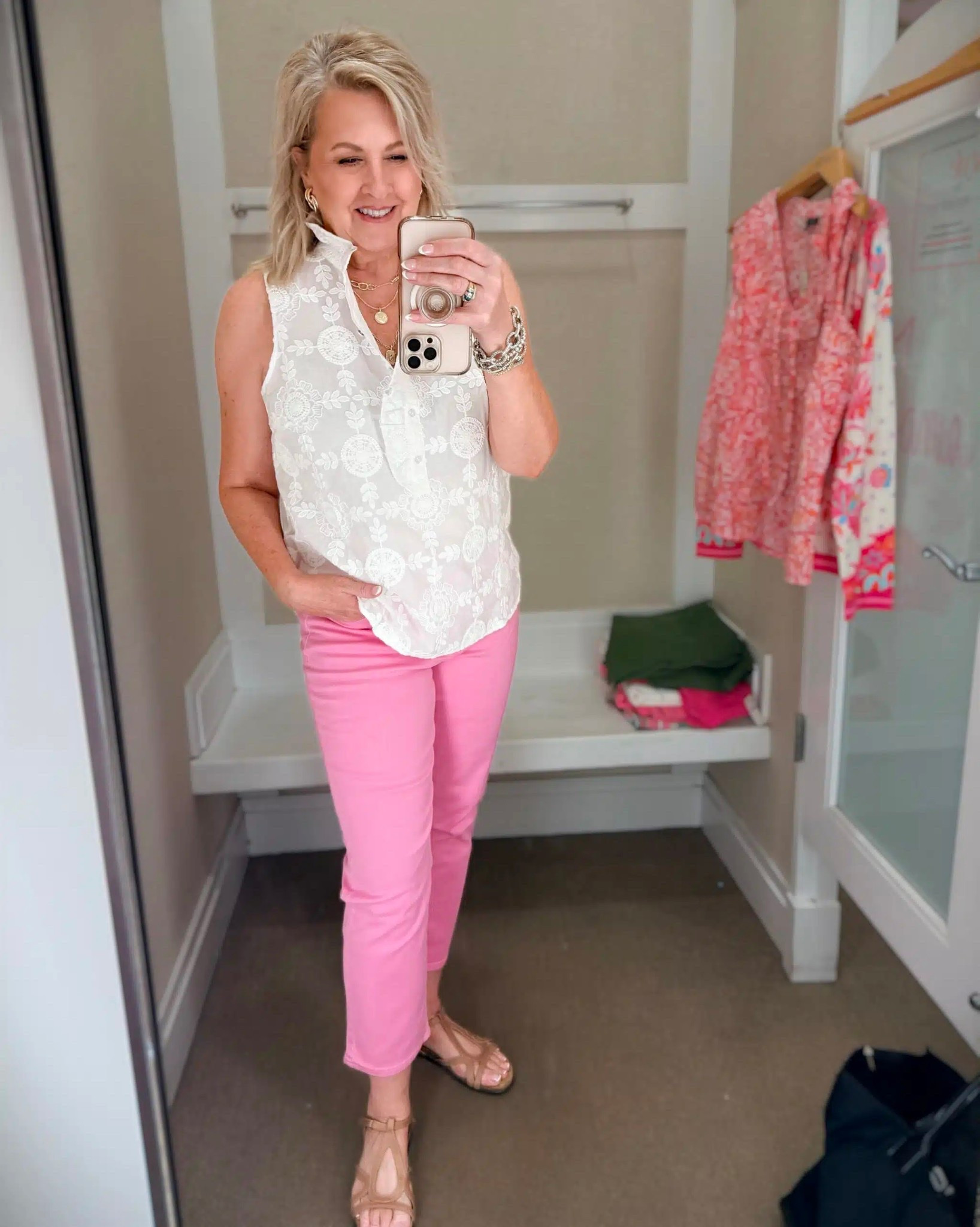 These pink cropped jeans can liven up any outfit! I loved them with a graphic tee, but they’re great with this white ruffle neck tank. My top is a large and jeans are a size 8. 

#LTKWorkwear #LTKOver40 #LTKootd