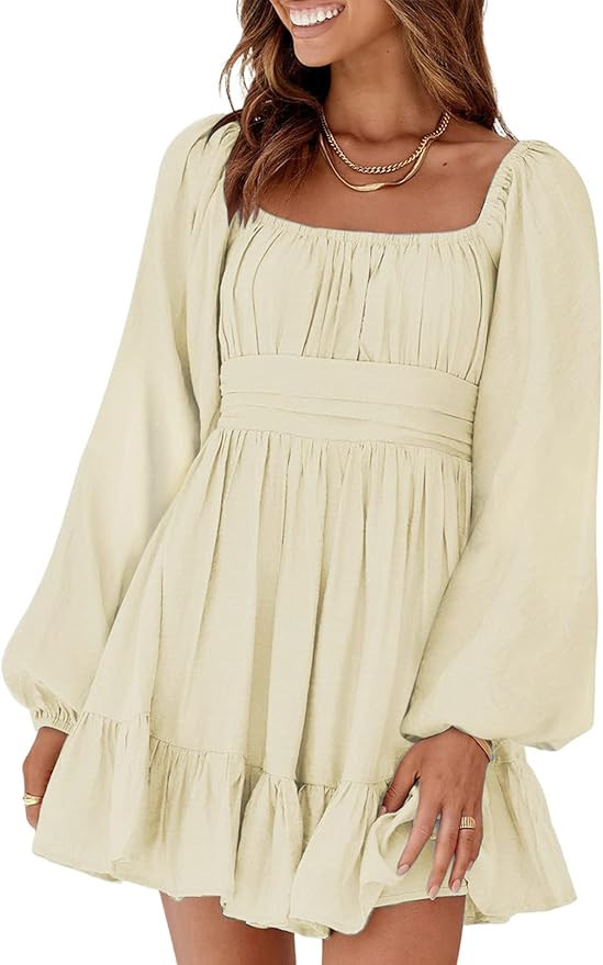 Dokotoo Womens Dress Long Lantern Sleeve Square Neck Tie Backless Sexy Dress Ruffle Elastic Waist... | Amazon (US)