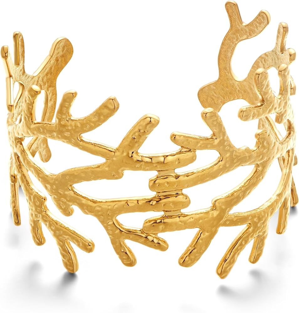 WOWORAMA Chunky Gold Shell Cuff Bracelets for Women Wide Hammered Starfish Bracelet Gold Coral Re... | Amazon (US)