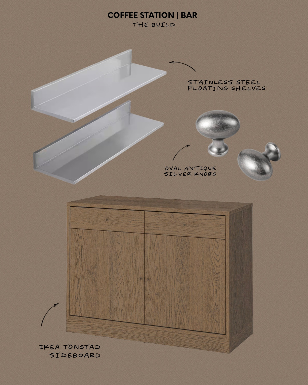 coffee station / bar 

IKEA details: tonstad sideboard in dark oak 
Shelves / knobs linked here!