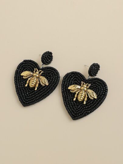 Bee Decor Beaded Heart Charm Drop Earrings | SHEIN