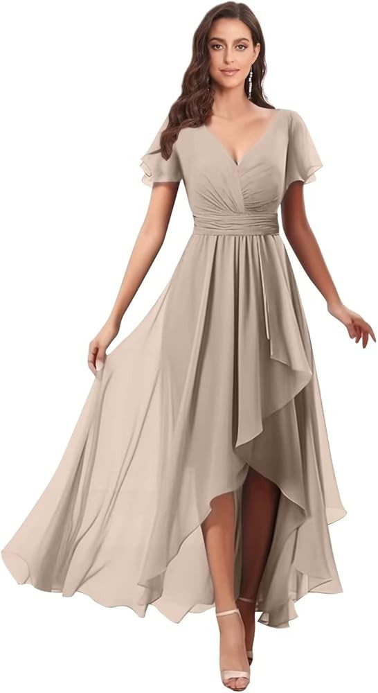 V Neck Bridesmaid Dresses for Wedding with Sleeves Ruffle High Low Chiffon Mother of The Bride Dr... | Amazon (US)
