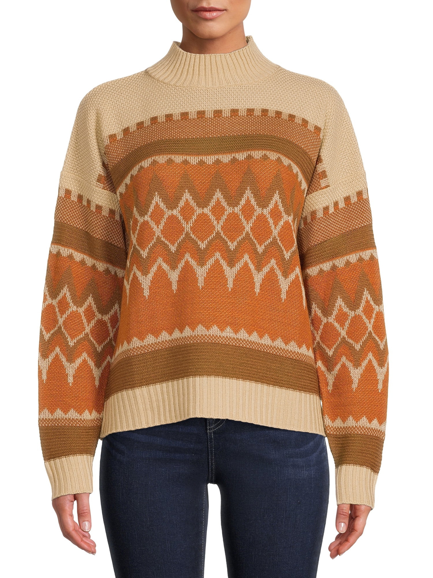 Time and Tru Women's Geo Mock Neck Sweater - Walmart.com | Walmart (US)