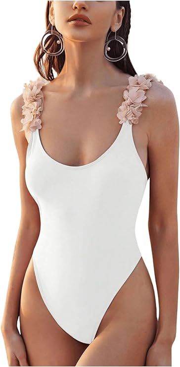 MakeMeChic Women's Floral Applique One Piece Swimsuit Tummy Control High Cut Thong Monokini Bathi... | Amazon (US)
