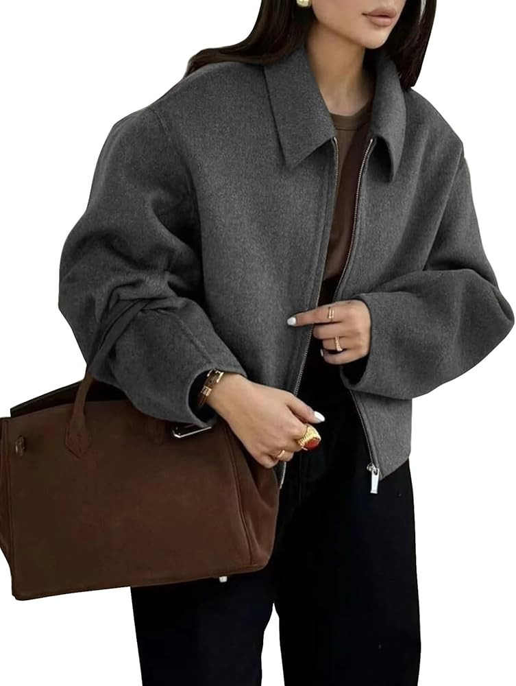 Womens Cropped Wool Jacket Warm Winter Fleece Bomber Jacket Zip Up Short Pea Coats with Pockets | Amazon (US)