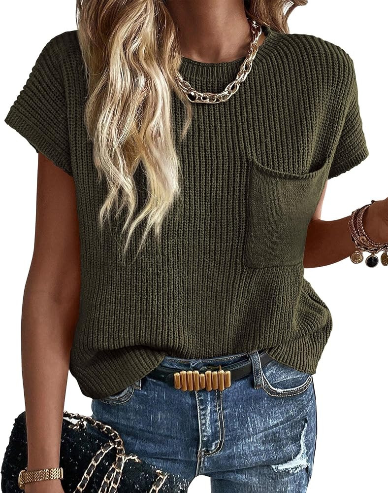 KIRUNDO Womens Spring Cap Sleeve Tops 2024 Summer Casual Crew Neck Lightweight Sweater Vest Ribbe... | Amazon (US)