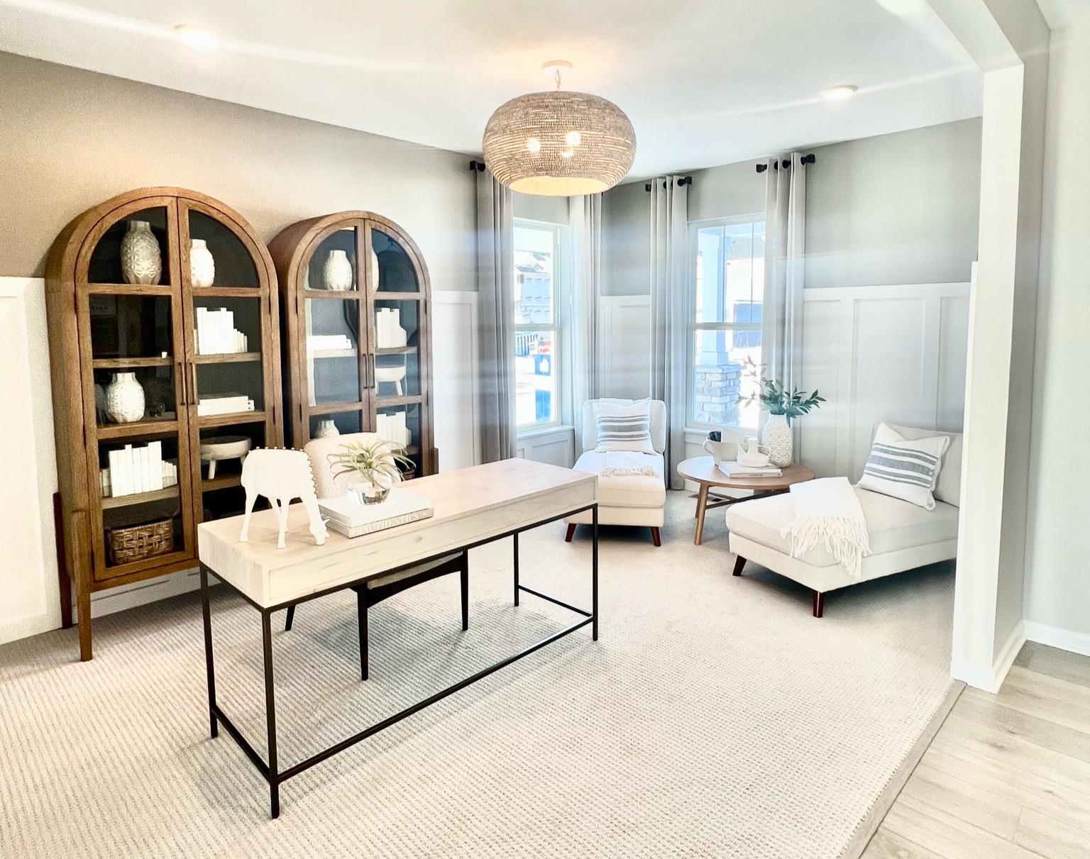 Office, flex room, Burke decor, beaded pendant chandelier light, chaise lounge, coffee table, desk, pottery, decor, modern, cabinet, arched cabinet, Buffett, console, target, wayfair, Burke decor, Ashley home. Living room, family room.

#LTKhome