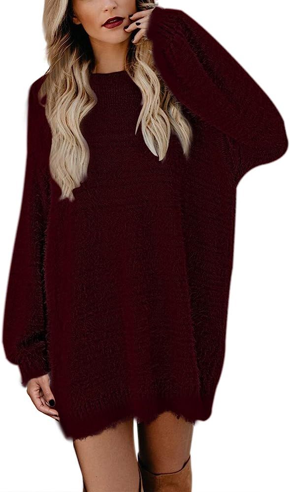 Women's Faux Fur Oversized Loose Long Pullover Sweater Dress with Pockets | Amazon (US)