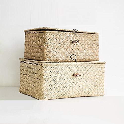 Storage Shelf Basket with Lid Rectangular Handmade Seagrass Rattan Woven Makeup Organizer Multipurpo | Amazon (US)