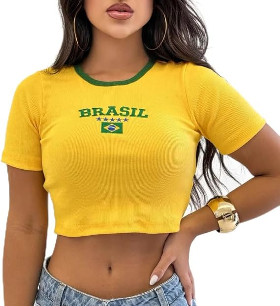 Cropped do Brasil Feminina, Ribana, Canelada, Bordada, Bandeira, Copa do Mundo, Top Blusinha Blus... | Amazon (BR)