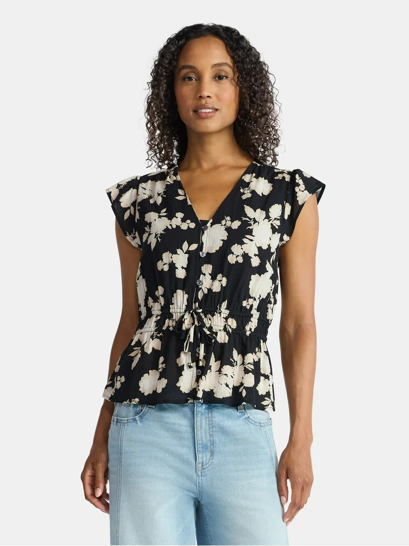 Time and Tru Women's Peplum Top with Flutter Sleeves, Sizes XS-XXXL | Walmart (US)