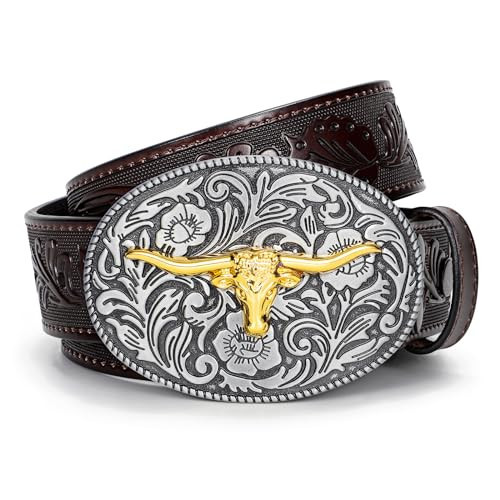 SANSTHS Western Belt Cowboy Belts for Men Women, Western Leather Belts Bull Buckle Belt Leather Belt for Jeans, Coffee/Gold Bull Buckle | Amazon (US)