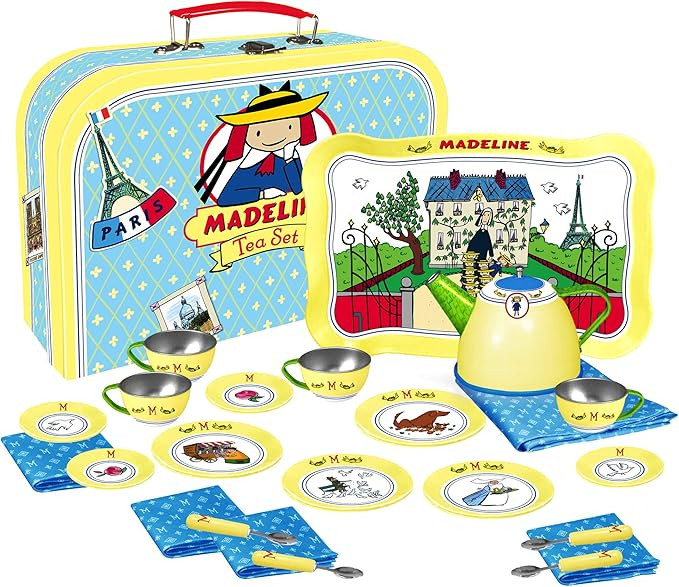 Madeline Collection | 23-Piece Kids Tin Tea Set Toy w/ Illustrations, Monograms, Carry Case | Amazon (US)