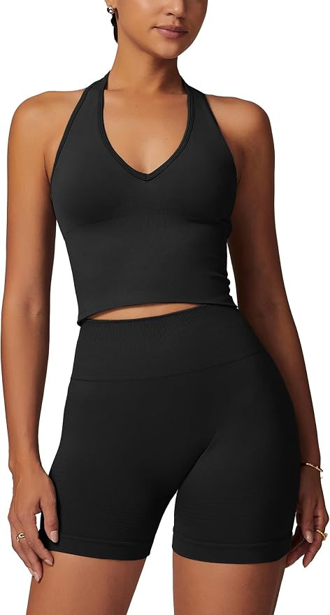 Odizli Sport Set Damen Kurz Neckholder V-Ausschnitt BH Top + High Waist Shorts Gym Fitness Outfit | Amazon (DE)