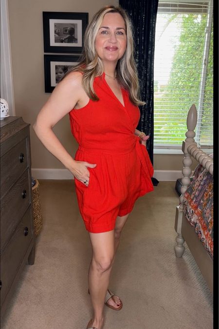 This cute romper is perfect for 4th of July & through the entire summer! You’ll be teaching for it to wear again & again!  
.
Over 50, over 40, classic style, preppy style, style at any age, ageless style, striped shirt, summer outfit, summer wardrobe, summer capsule wardrobe, Chic style, summer & spring looks, backyard entertaining, poolside looks, resort wear, spring outfits 2024 trends women over 50, white pants, brunch outfit, summer outfits, summer outfit inspo, affordable, style inspo, street  wear, dress, heels, sandals, comfy, casual, over 40 style, over 50, Walmart finds, coastal inspiration, beachy, elevated casual, casual luxe, neutrals, essentials, capsule items