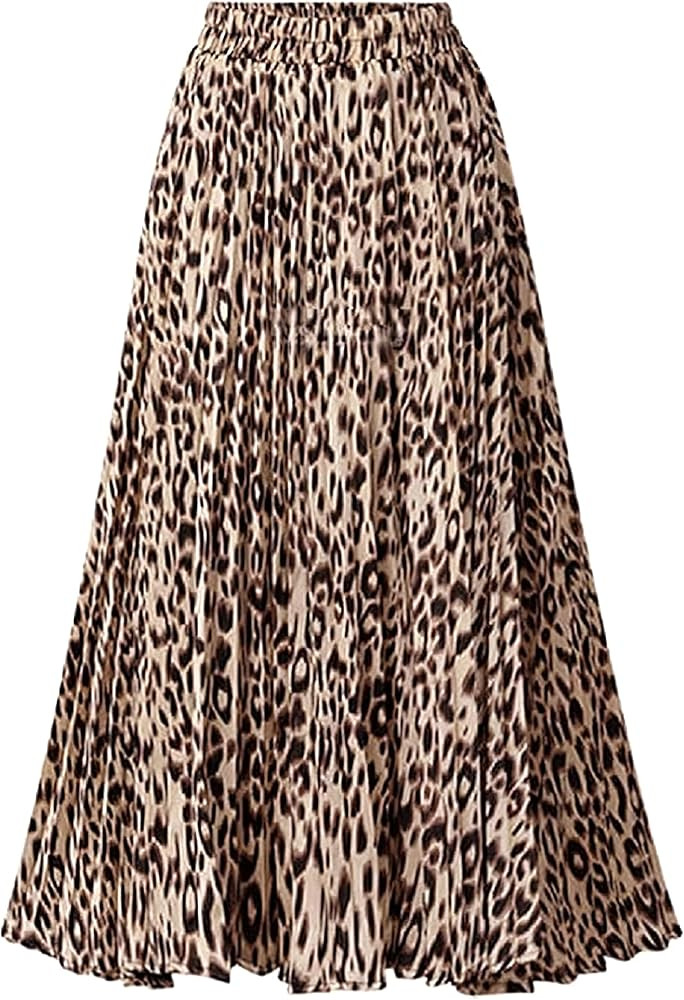 Womens Chic Elastic High Waisted A Line Leopard Print Pleated Shirring Midi-Long Skirt | Amazon (US)