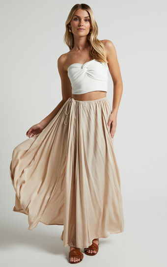 Under The Twilight Maxi Skirt - Thigh Split Skirt in Beige | Showpo (US, UK & Europe)