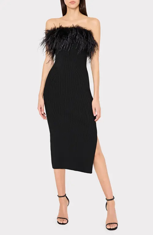 Milly Robena Feather Detail Midi Dress in Black at Nordstrom, Size Medium P | Nordstrom