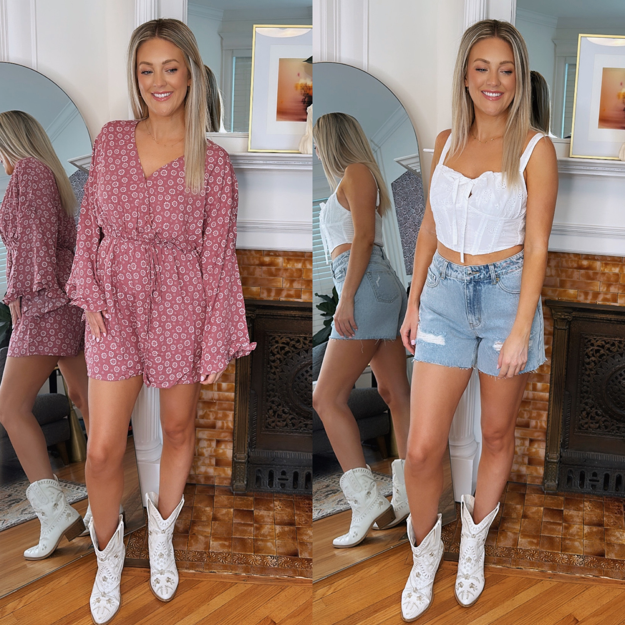 The small romper is so flowery and flattering. I love the print and the tie at the waist.

This white corset tank top would be so perfect for a summer barbecue , picnic, or concert! Paired with my favorite Jean shorts it’s a 10 out of 10 🙌🏼 

Size small in everything 🩷