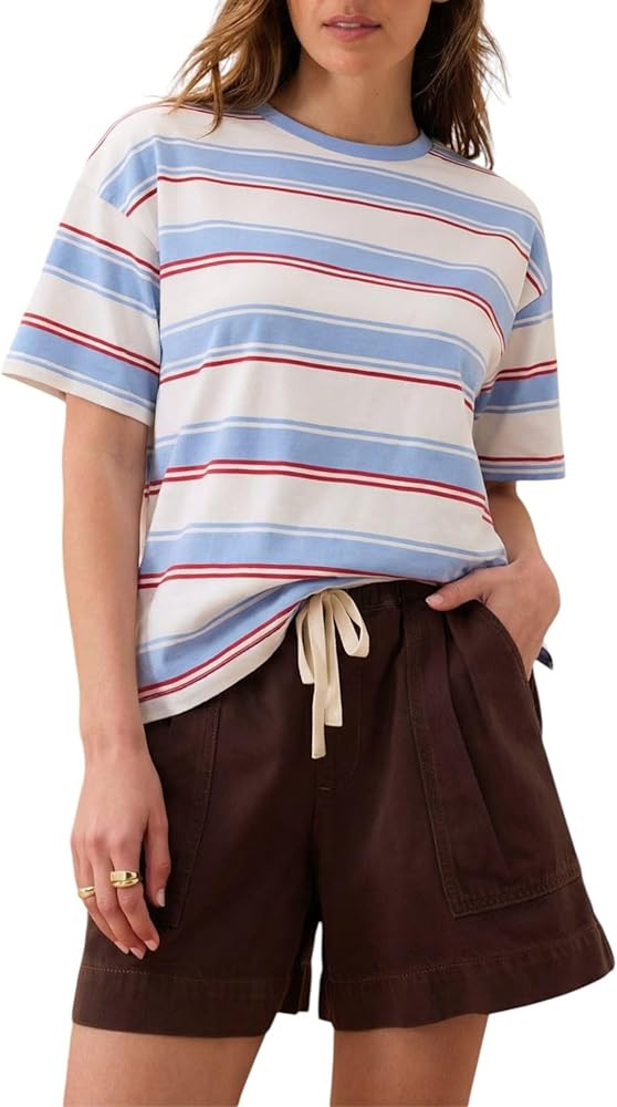 Allimy Women's Vintage Boxy Cropped Tee Short Sleeve Striped T Shirt Loose Fit Tops Casual Summer... | Amazon (US)