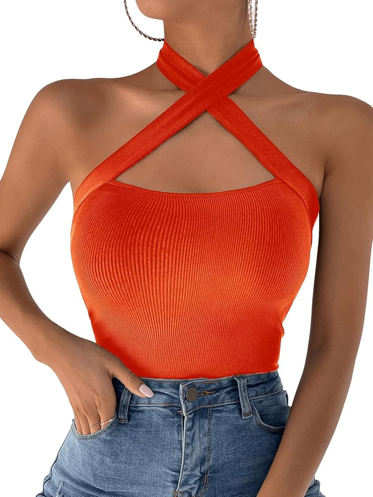 SweatyRocks Women's Sleeveless Ribbed Knit Fitted Criss Cross Tie Back Halter Tank Top | Amazon (US)