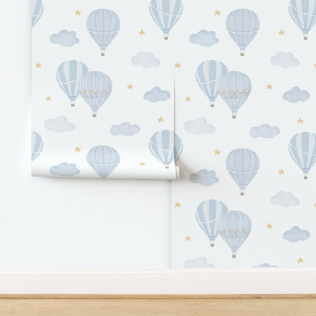 Large Hot Air Balloons in Dusty Blue in the sky with clouds and stars Wallpaper | Spoonflower | Spoonflower