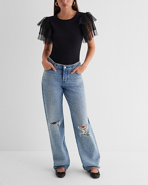 Fitted Ribbed Tulle Flutter Sleeve Bodysuit | Express